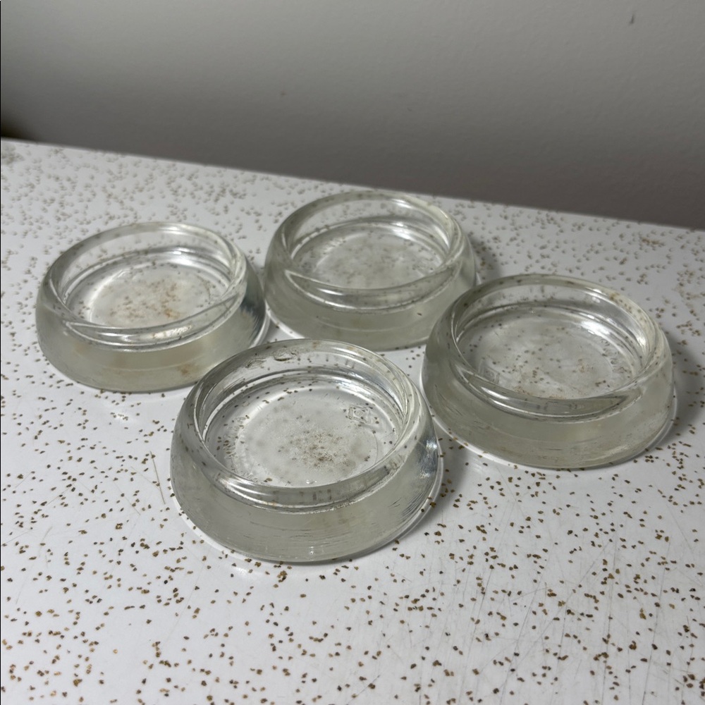 Set of 4 vintage Dominion glass furniture leg floor protectors 3”